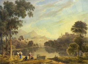 Figures In An Extensive Italianate Lake Landscape
