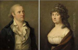A Portrait Of A Gentleman, Half-length, Wearing A Blue Coat; A Portrait Of A Lady, Half-length, Wearing A White Dress With A Red Shawl by Friedrich Olenhainz