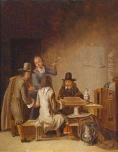 A Tavern Interior With Three Men And Awoman A Tavern Interior With Three Men And Awoman
