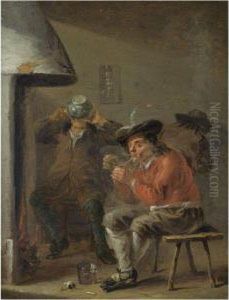An Interior With Peasants Smoking And Drinking Beside Afireplace by Jan Olis