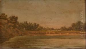 Paisaje Con Lago Y Pescador by Mariano Oliver Aznar