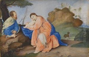 A Rare And Important Cabinet Miniature 'the Rest On The Flight Into Egypt'. by Peter Oliver