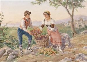 Ayoung Italian Couple Harvesting Grapes by Luigi Olivetti