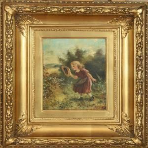 Girl Chasing Butterfly With Hat. Signed L. Olivie by Leon Olivie