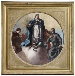Immaculate Conception With Saint Anthony Of Padua And Saintcamillo Of Lellis. by Leonardo Olivieri