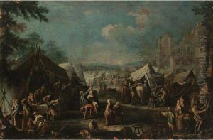 A Military Encampment Beside Some Ruins With Figures Dancing Andmaking Merry In The Foreground