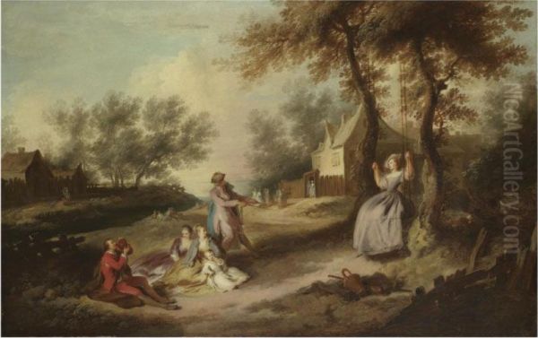 A Family Picnicking In A Landscape With A Gentleman Pulling A Ladyon A Swing - view 1