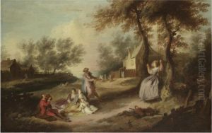 A Family Picnicking In A Landscape With A Gentleman Pulling A Ladyon A Swing