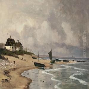 Danish Coast With Thatched House And Boats On The Beach by Alfred Theodor Olsen
