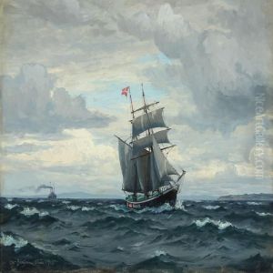 Seascape With Sailing And Motor Ships by Christian Benjamin Olsen