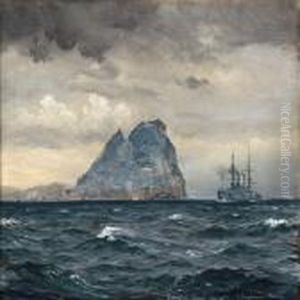 Coastal Scene From Gibraltar With A British Warship by Christian Benjamin Olsen