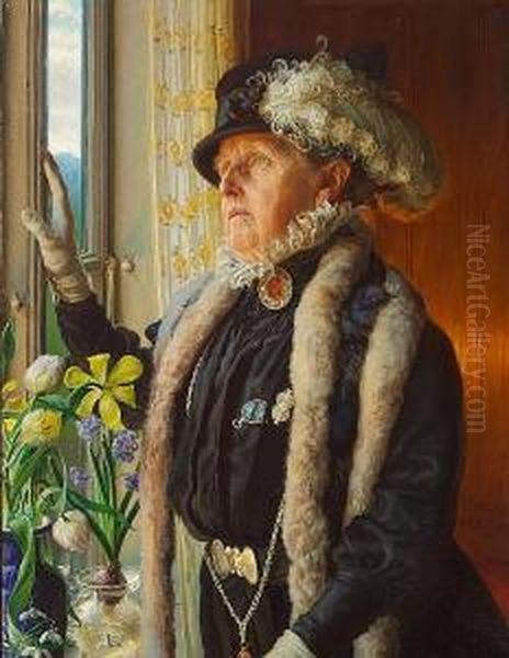 Elderly Woman In A Black Dress Wearing Impressive Jewelry By The Window - view 1