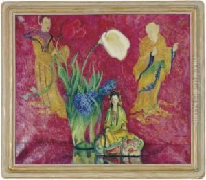 Still Life With A Figure Of A Seated Guayin On A Buddhistic Lionsurrounded By Two Immortals by Albert Byron Olson