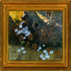 A Forest Floor With Blue Anemones At A Stumb