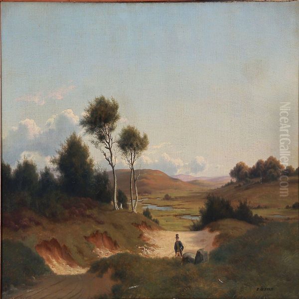 Hilly Summer Landscape With A Man Walking - view 1