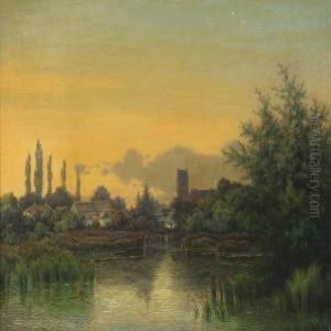 The Village "taarnby" With Church And Lake by Peter Olsted