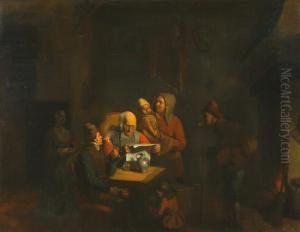Interieur Met Een Oude Man Die De Krant Leest. Eromheen Een Familie Met Enkele Kinderen