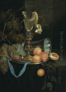 A Still Life With Apricots, Grapes, A Wine Glass And A Watch by Jan Onghers