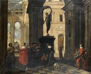 Elegant Figures Gathered In A Palace Courtyard by Jacob Oost The Younger