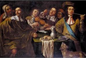 A Tavern Interior With Soldiers Merrymaking Around A Table by Gregorius Oosterlinck