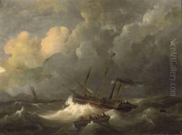 A Paddle Steamer And Other Ships In Rough Seas - view 1