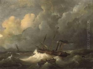 A Paddle Steamer And Other Ships In Rough Seas