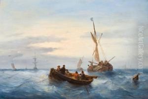 Roeiboot En Schepen Op Woelige Zee by George Willem Opdenhoff