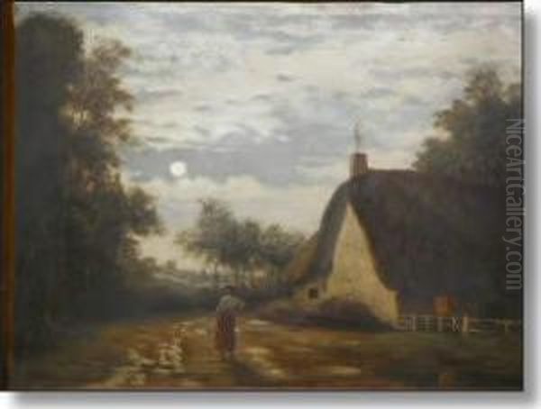 Moonlight Country Scene With Cottage And Figure - view 1