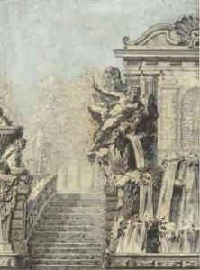A Design For A Fountain Beside A Staircase, A Park In Thebackground