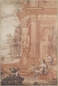Fontaine A Atlante Dans Un Parc Romain, Avec Diane Et Ses Chiens by Gilles-Marie Oppenord