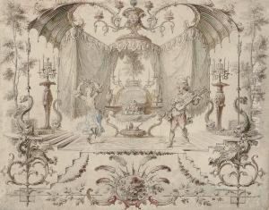 A Woman Dancing And Playing The Tambourine, A Man Playing Theguitar, In An Ornamental Cartouche by Gilles-Marie Oppenord