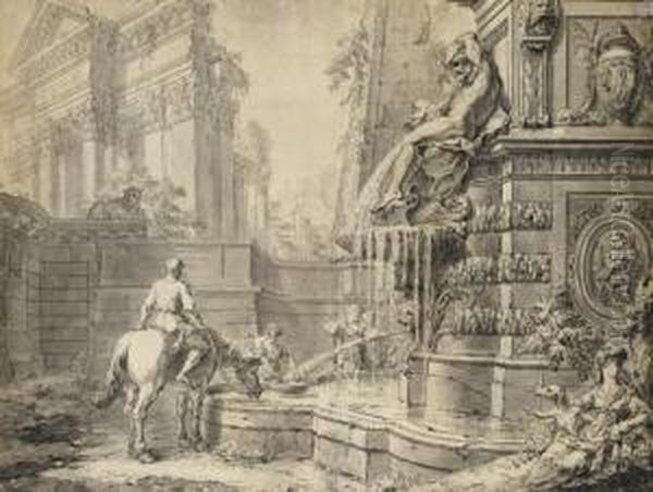 Caprice Architectural Avec Un Cavalier Abreuvant Son Cheval A Une Fontaine - view 1