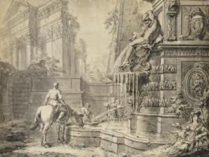 Caprice Architectural Avec Un Cavalier Abreuvant Son Cheval A Une Fontaine by Gilles-Marie Oppenord