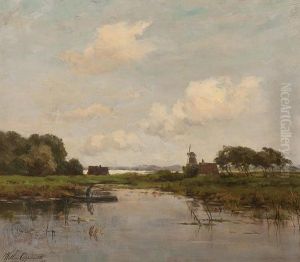Angler In His Flat Boat On Acanal by Willem Johannes Oppenoorth