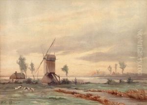 Windmill In A Polderlandscape by Willem Johannes Oppenoorth