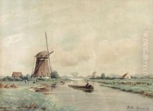 Windmill On A River by Willem Johannes Oppenoorth