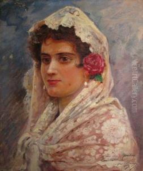 Tete De Jeune Femme Brune A La Mantille Et A La Rose - view 1