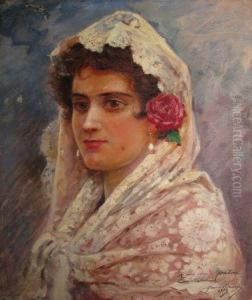 Tete De Jeune Femme Brune A La Mantille Et A La Rose