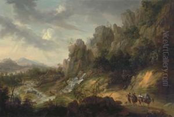 An Extensive, Rocky Landscape With Travellers On A Path Near A Waterfall - view 1