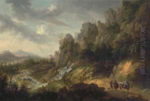 An Extensive, Rocky Landscape With Travellers On A Path Near A Waterfall