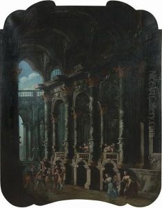 An Architectural Capriccio Of The Interior Of A Palace With The Judgement Of Paris; And An Architectural Capriccio With Soldiers Entering A Palace by Stefano Orlandi
