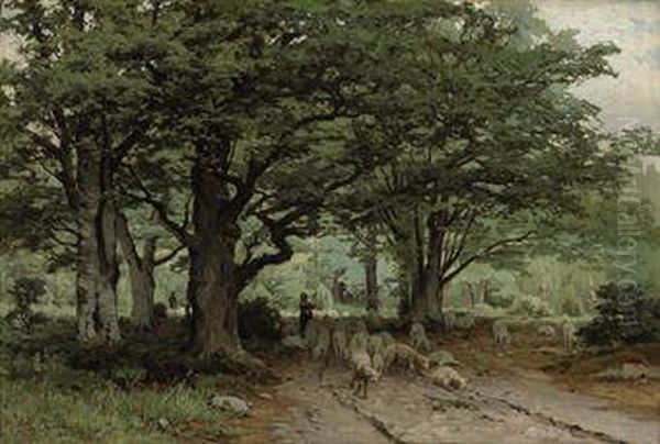 A Shepherdess And Her Flock In A Forest - view 1