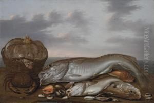 A Still Life With A Basket Of Sole, A Cod And Other Fish, With Acrab And Seashells On A Beach