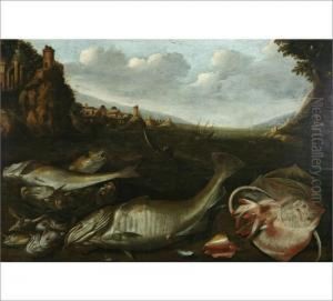 Fish Still Life On A Shore by Willem Ormea