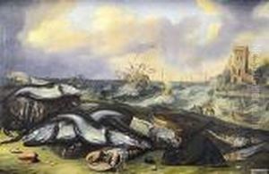 Vista Costera Con Barcos Y Peces En Primer Termino by Willem Ormea