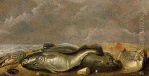 A Still Life With Cod, Turbot, Gurnard And A Conus Marmoleum, A Snailhouse, A Mussel And Other Shells On A Beach by Willem Ormea