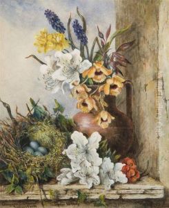 A Still Life Of Flowers And A Bird's Nest by Georgiana E. Ormrod