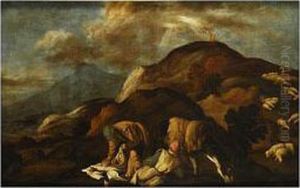 Paisaje Con Pastores; Al Fondo Elsacrificio De Isaac by Pedro De Orrente