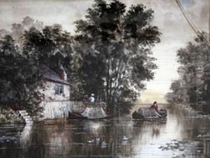 Cottage By A River With Man In A Boat by James Orrock