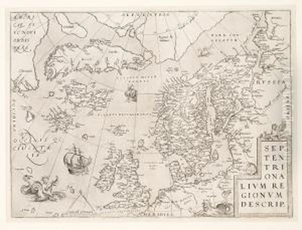 "septentrionalium Regionum Descrip". Map Of Scandinavia, Greenland, Iceland, England And The Fantasy Island "frisland". Ca. 1575 - view 1